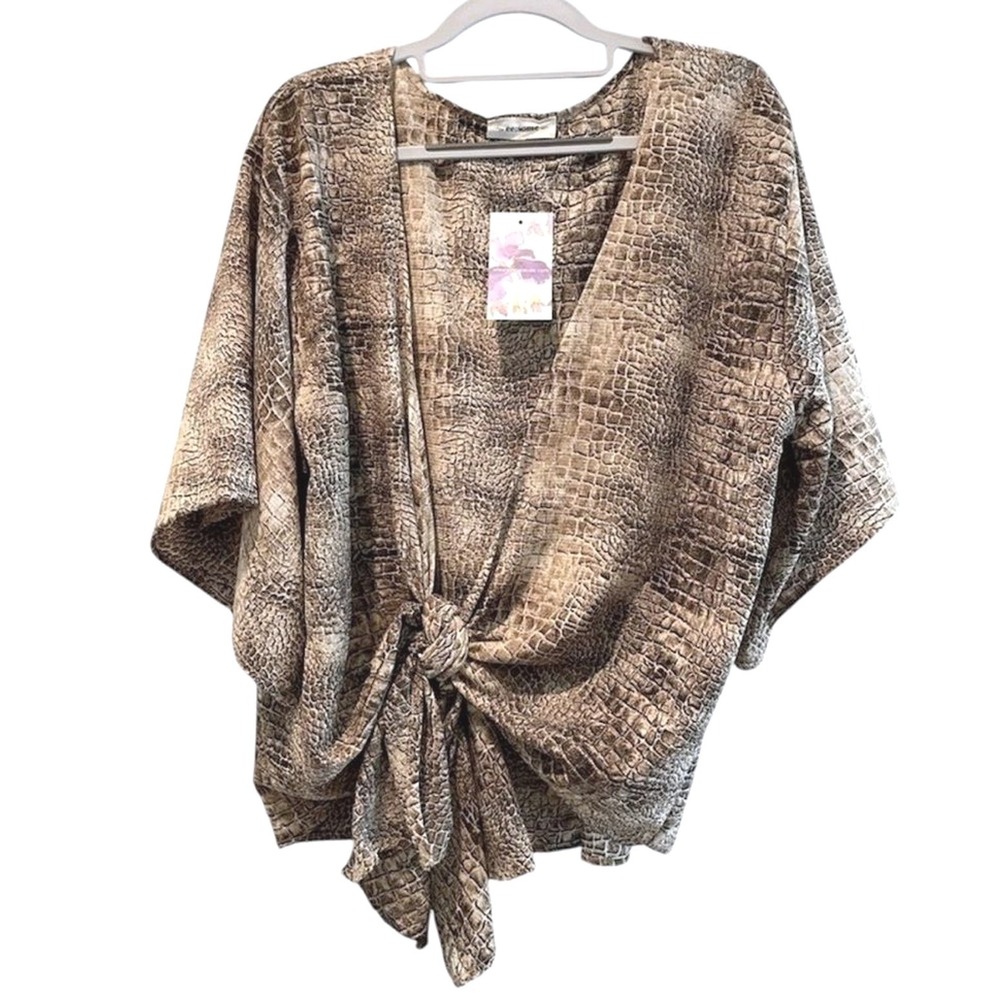 ee:some Kimono Top Tan Snakeskin Print Tie Front Boho Animal Print Women Large